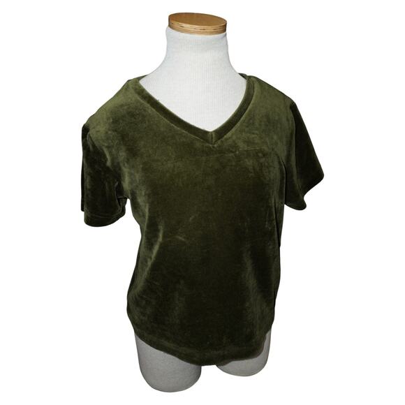 Vintage White Stag Olive Green Velvet V-Neck Short Sleeve Top Women’s M/L - Picture 3 of 7